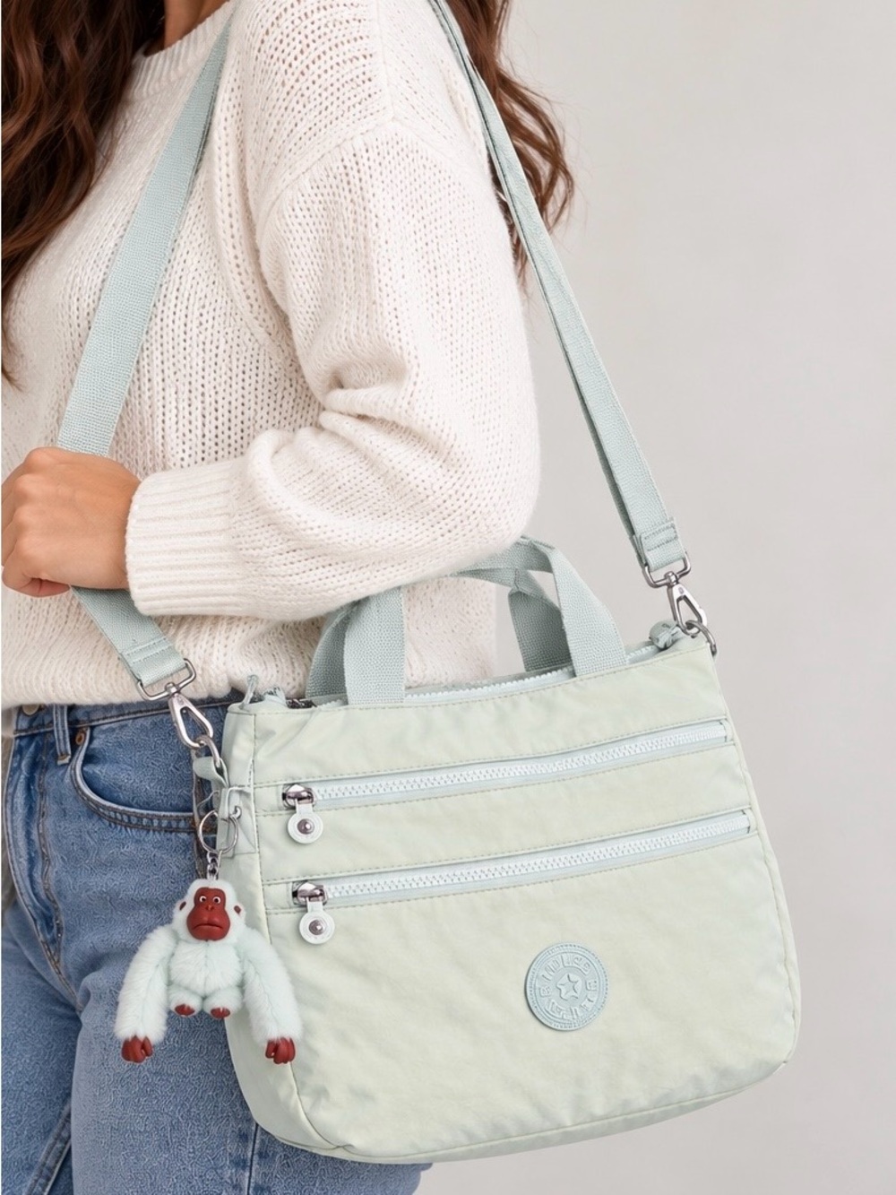 Kipling Miah Light Aloe Nylon Crossbody Shoulder Bag Monkey Charm Tote Purse
